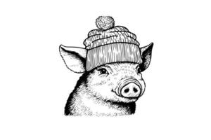 süß Schwein oder Schweinefleisch im Hut Kopf Gravur Logo Stil Vektor Illustration. foto