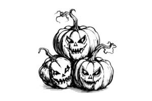 Halloween Kürbis Kopf Maskottchen Gravur Tinte skizzieren Hand gezeichnet Vektor Illustration. foto