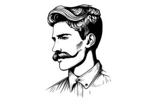 Hand gezeichnet Porträt von bärtig Mann im Profil. Hipster Tinte skizzieren. Logo Vektor Illustration. foto