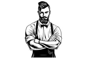 Hand gezeichnet Porträt von bärtig Mann mit gekreuzt Waffen. Hipster Tinte skizzieren. Logo Vektor Illustration. foto