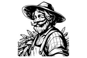 glücklich Farmer im Hut Gravur Stil. Hand gezeichnet Tinte skizzieren. Vektor Logo Illustration. foto