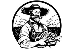 glücklich Farmer im Hut mit das Ernte im Hand Gravur Stil. Hand gezeichnet Tinte skizzieren. Vektor Logo Illustration. foto