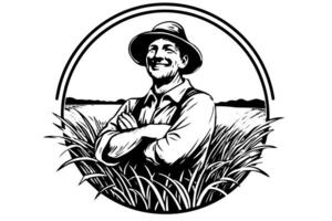 glücklich Farmer im Hut Gravur Stil. Hand gezeichnet Tinte skizzieren. Vektor Logo Illustration. foto