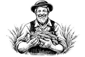 glücklich Farmer im Hut mit das Ernte im Hand Gravur Stil. Hand gezeichnet Tinte skizzieren. Vektor Logo Illustration. foto
