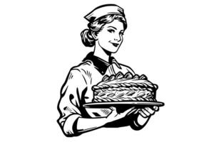 Hand gezeichnet Tinte skizzieren von weiblich Bäcker mit gebacken Brot auf ein Tablett. graviert Stil Vektor Illustration. Design zum Logo, Werbung. foto