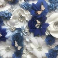 Blume Illustration nahtlos Schmetterling abstrakt Muster. Blumen- zufällig Hintergrund Blau Weiß Farbe. modern Design Dekoration foto
