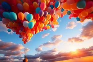 Sonnenuntergang tanzen Luftballons aufsteigen geführt durch generativ ai im ein Himmel von Träume foto