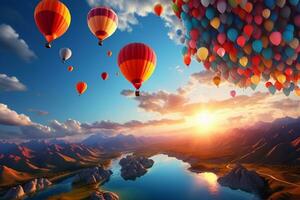 Himmel gebunden Euphorie Luftballons erhebt euch mit Sonnenuntergang glühen verbessert durch generativ ai foto