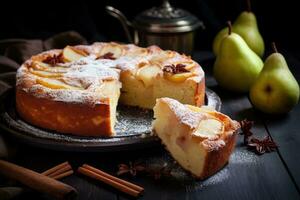 köstlich hausgemacht Birne Kuchen auf rustikal Tisch, ai generiert foto