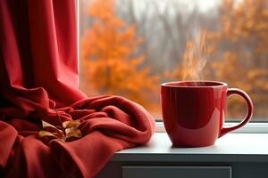 Tasse von heiß Tee auf Fenster, rot Plaid und Vorhang , Regen außen. ai generiert foto