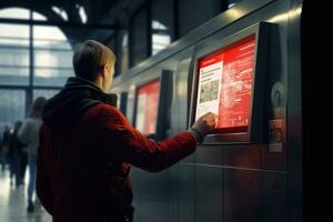 Frau mit Geldautomat Maschine beim U-Bahn Bahnhof , ai generiert foto
