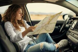 Frau Reisen allein Sitzung im Auto mit Karte, ai generiert foto