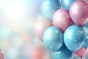 Blau und Rosa Luftballons mit Schneeflocken auf Bokeh Hintergrund, feierlich Hintergrund mit Rosa und Blau Luftballons, Konfetti, funkelt, Beleuchtung, ai generiert foto