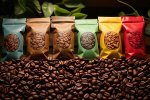 verschiedene Kaffee Bohnen im Schalen und bunt Taschen , Degustation, ai generativ foto
