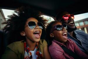 glücklich afrikanisch amerikanisch Familie von Vater und Kinder genießen Straße Ausflug zusammen, ai generativ foto