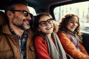 glücklich Familie von Vater und Kinder genießen Straße Ausflug zusammen, ai generativ foto