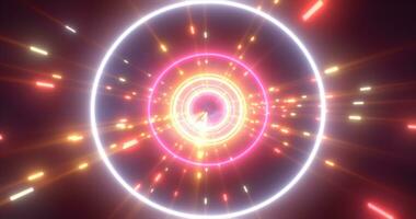 abstrakt mehrfarbig Energie futuristisch Hi-Tech Tunnel von fliegend Kreise und Linien Neon- Magie glühend Hintergrund foto