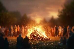 Versammlung von Menschen um enorm Lagerfeuer beim Nacht Festival - - ai generiert foto