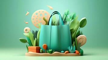 Ökologie - - Öko Paket -modern Konzept Illustration von ein Papier Tasche umgeben durch Pflanzen, Einkaufen Papier Tasche mit Pflanzen Hintergrund, generativ ai Illustration foto