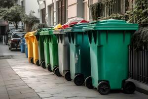 Müll Plastik Behälter auf das Stadt Straße, Müll dürfen. ökologisch Konzept. Sortierung Müll. ai generiert Illustration. foto