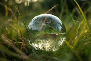 ein Kristall Ball mit ein sprießen, Lügen im das Gras. natürlich Hintergrund. sonnig hell Beleuchtung. fotorealistisch Illustration. ökologisch Konzept. Erde Tag. ai generiert Illustration. foto