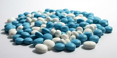 sortiert Blau und Weiß Tabletten - - verschiedene Medikamente und Medikamente Konzept - - ai generiert foto