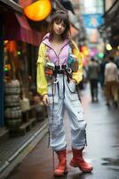 ein jung Frau Reisender wandert Takeshita Straße im Harajuku Tokio beschwingt Nabe von Jugend Mode und Cosplay foto
