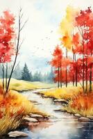 Herbst Aquarell illustriert ein bunt Landschaft mit Orange rot und Gelb Bäume Erfassen das Wesen von das fallen Jahreszeit zum ein Postkarte foto