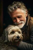 KI-generiert Bindung zwischen Senior Mann und Hund erzeugt zärtlich Verbindung drinnen foto