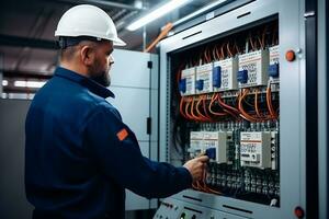 Elektriker Ingenieur Tests elektrisch Installationen und Drähte auf Relais Schutz System. Einstellung von planen von Automatisierung und Steuerung von elektrisch Ausrüstung. generativ ai foto