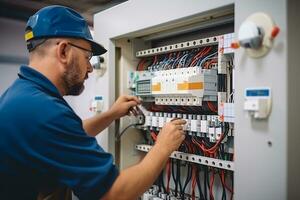 Elektriker Ingenieur Tests elektrisch Installationen und Drähte auf Relais Schutz System. Einstellung von planen von Automatisierung und Steuerung von elektrisch Ausrüstung. generativ ai foto