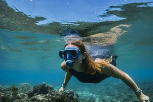 unter Wasser Frau Tauchen. generieren ai foto