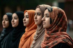 Muslim Frauen Gruppe zusammen. generieren ai foto