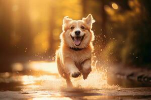 süß glücklich Hund Laufen und spielen außen, ai generiert foto