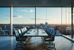 modern Büro Treffen Zimmer Innere mit Glas Fenster. erstellt mit generativ ai foto