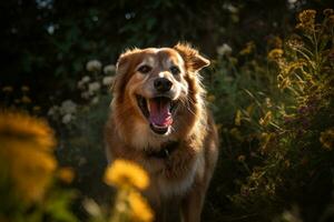 Porträt von ein glücklich draussen Sommer- Hund generativ ai foto