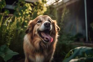 Porträt von ein glücklich draussen Sommer- Hund generativ ai foto