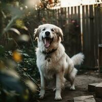 Porträt von ein glücklich draussen Sommer- Hund generativ ai foto