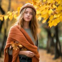 ein schön jung Frau im ein Herbst Park mit Herbst Blätter generativ ai foto
