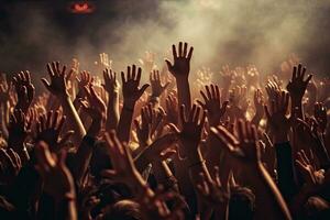 Menge von Menschen mit angehoben Hände beim ein Musik- Festival oder Konzert foto