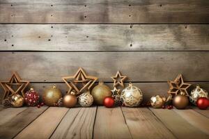 Weihnachten Dekoration Über hölzern Hintergrund mit Kopieren Raum zum Ihre Weihnachten Schöne Grüße foto