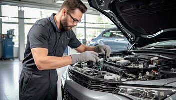 Fachmann Mechaniker Arbeiten auf ein Auto im ein Auto Reparatur Bedienung Bahnhof. foto