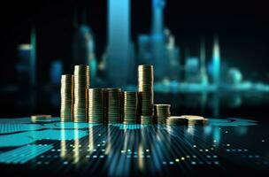 Stapel von Münzen mit Stadt Hintergrund, Geschäft und Finanzen Konzept Idee. foto
