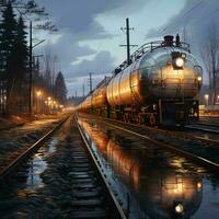 das Zug Fahrten auf Schienen und liefert Waren und Menschen durch Schiene. ai generiert foto
