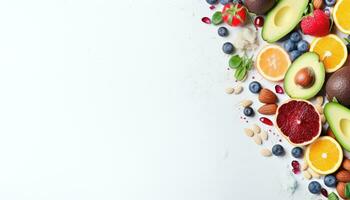 gesund Essen Hintergrund mit Früchte und Beeren. oben Aussicht mit Kopieren Raum foto