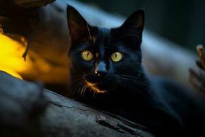 ein schwarz Katze mit Gelb Augen Sitzung auf ein Log generativ ai foto