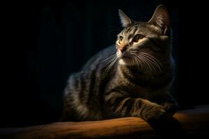 ein Katze ist Sitzung auf ein Log im das dunkel generativ ai foto