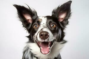 ein schwarz und Weiß Hund mit es ist Mund öffnen generativ ai foto
