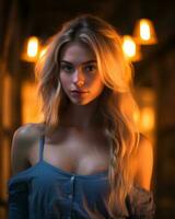 ein schön blond Frau im ein Blau Kleid Stehen im ein dunkel Zimmer generativ ai foto