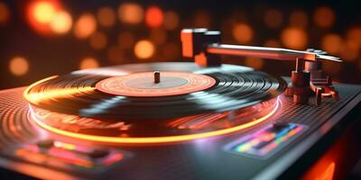 dynamisch rotieren beschwingt Vinyl Aufzeichnung mit nachlaufend Beleuchtung beim ein funky dj Party - - ai generiert foto